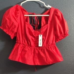 day + moon Ivy Square Neck Red Puff Sleeve Peplum Top